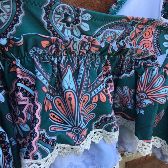 Cupshe 2pc Swimsuit Teal Green Floral Ruffle Top Boho Girlie - Picture 4 of 13